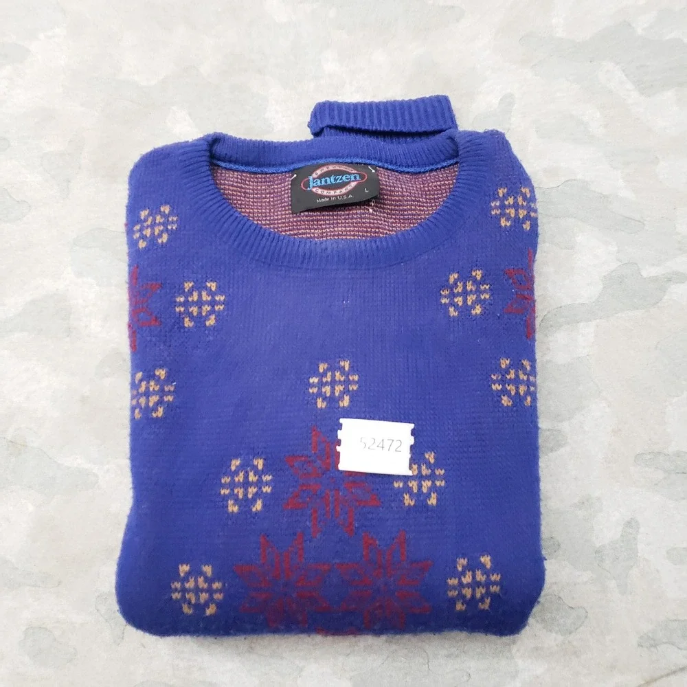 Vintage Jantzen Sweater Men Large Blue Snowflake Pullover Grandpa Core